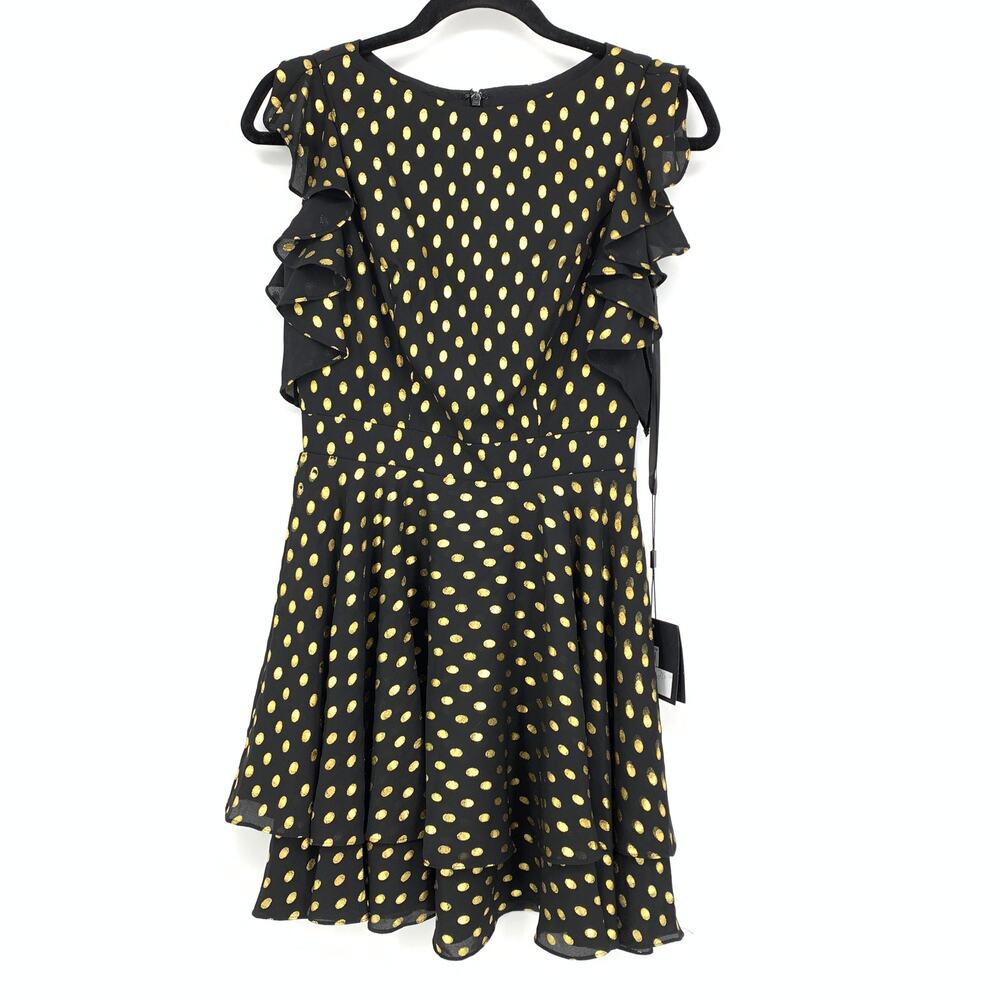 Ieena For Mac Duggal Dress Size 0 Flutter Sleeve Polka Dot Mini Black Gold NEW